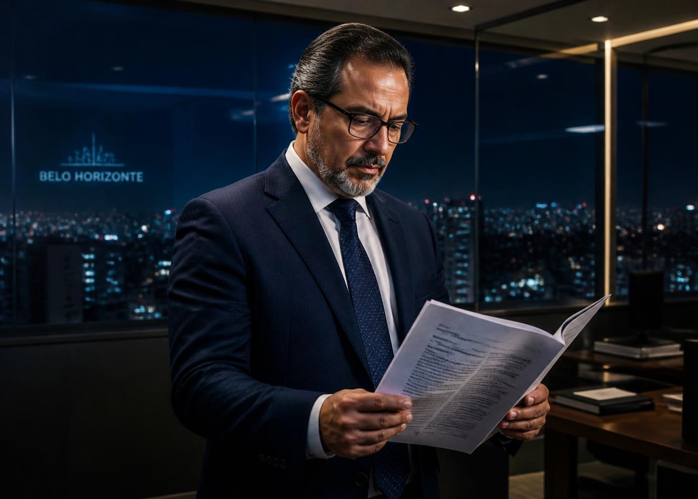Analista financeiro sênior revisando contrato em escritório corporativo em Belo Horizonte