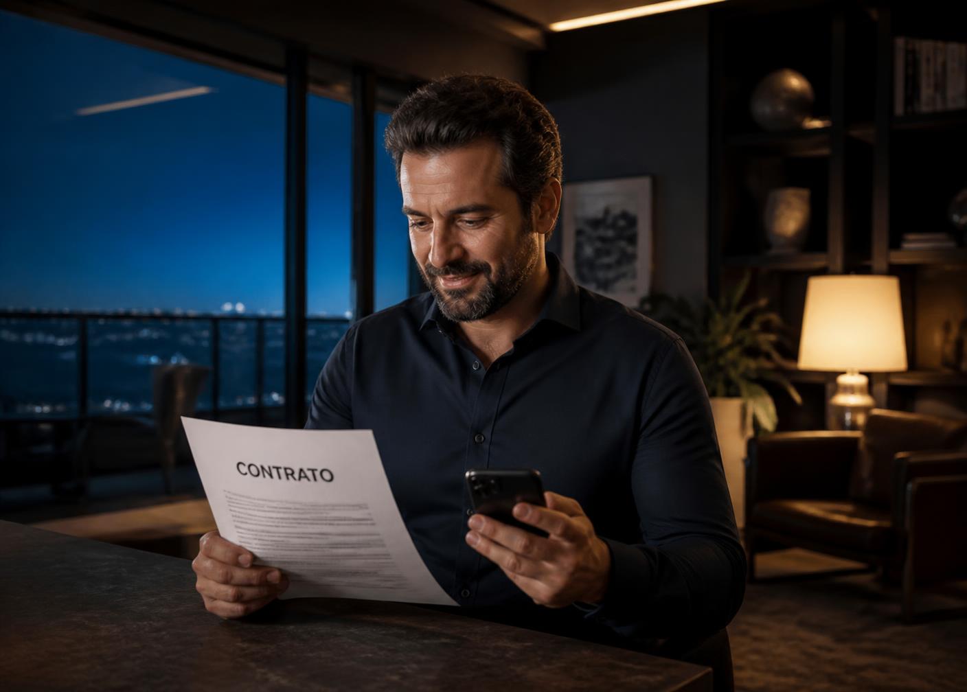 Homem segurando um contrato e o celular ao enviar os documentos para análise