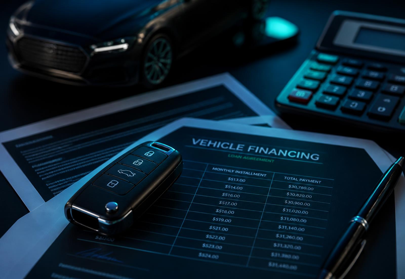 Chave de veículo sobre contrato de financiamento com tabela de parcelas e calculadora
