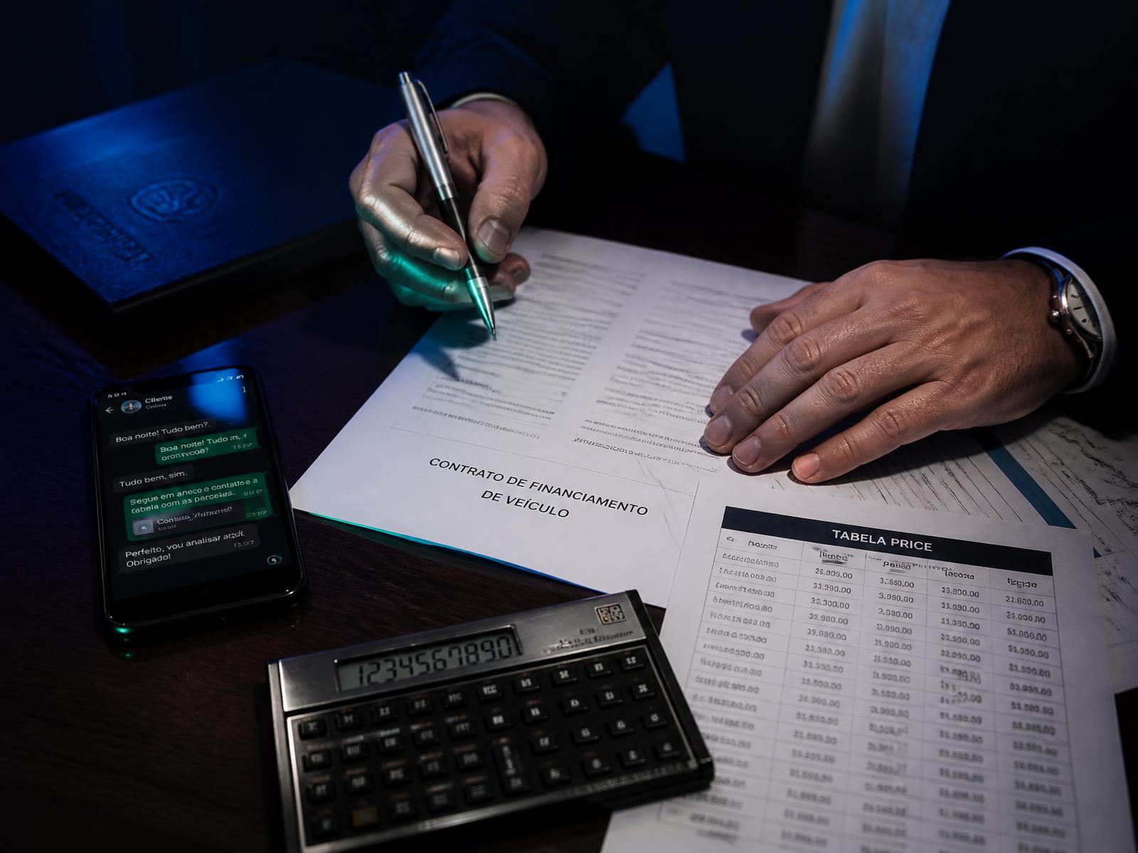 Contrato de financiamento de veículo sendo analisado sobre a mesa com calculadora, tabela de parcelas e celular